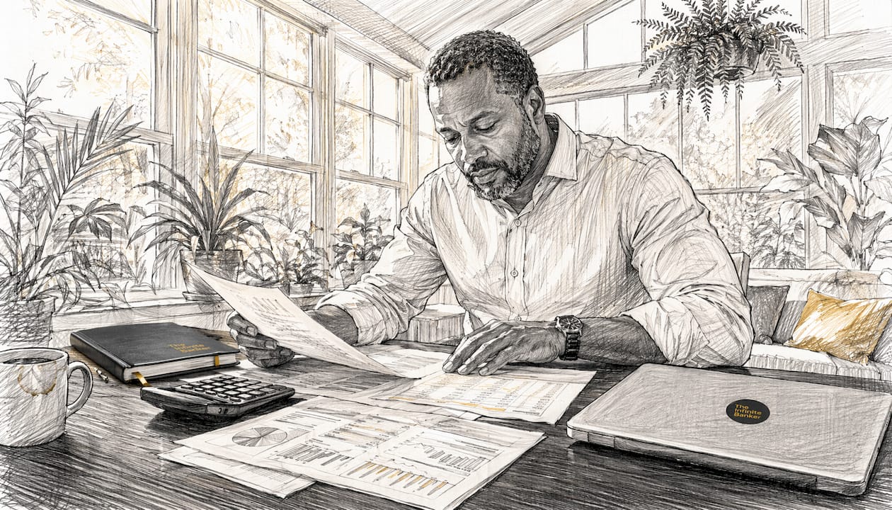 Man reviewing financial documents at home office desk