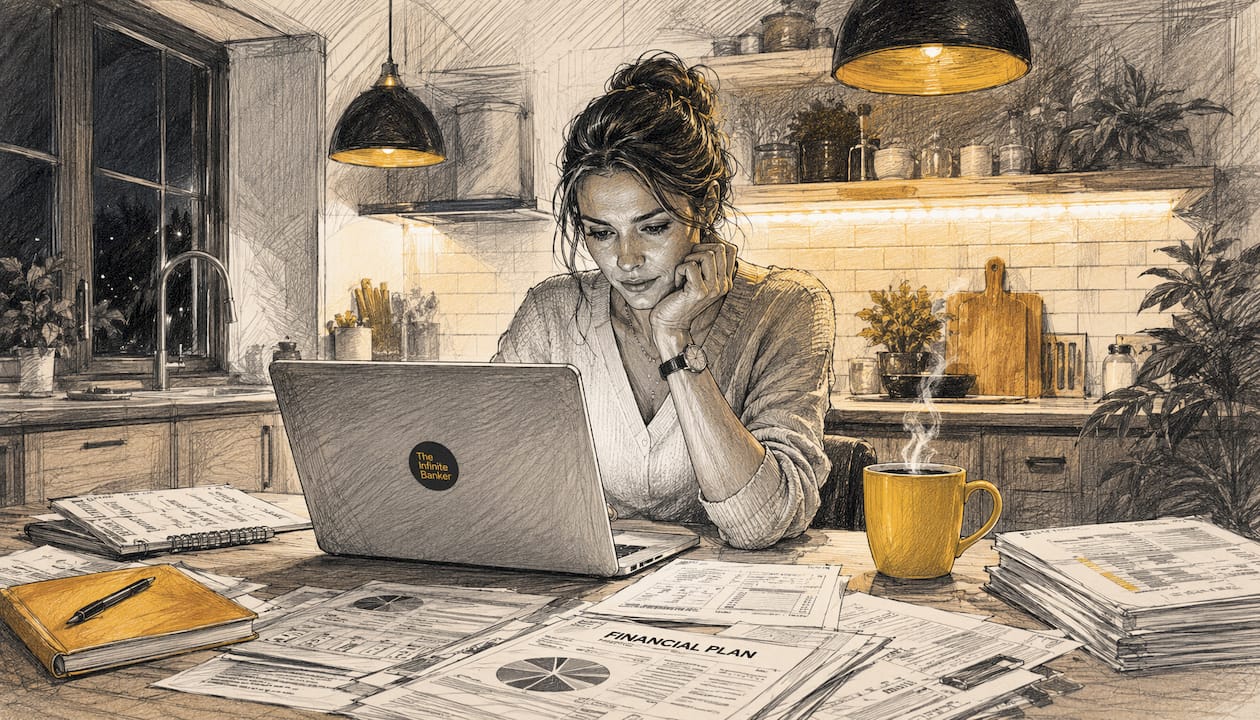 Entrepreneur considering whole life insurance options in workspace