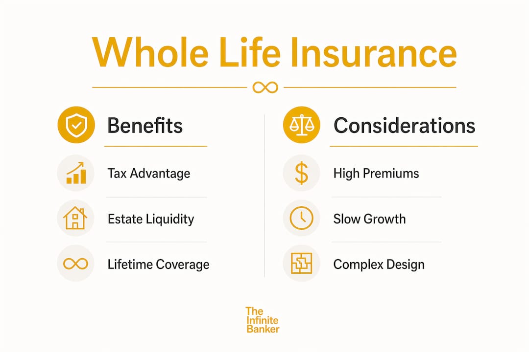 Infographic comparing benefits and considerations of whole life insurance