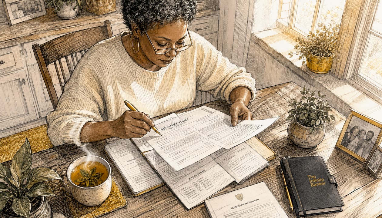 Woman reviewing whole life policy documents at home