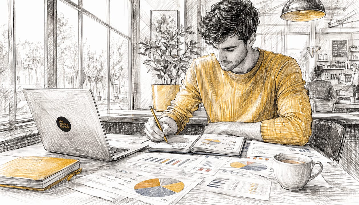 Young man drafting investment plan in cafe