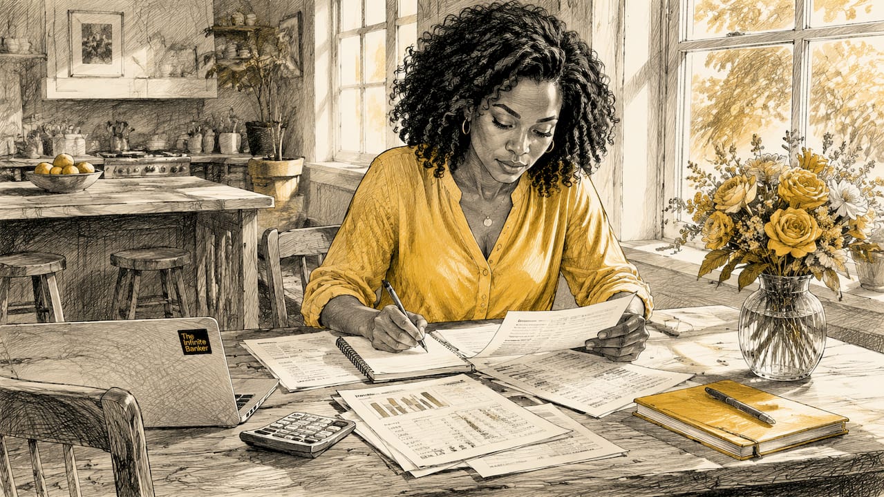Hands calculating policy loan amounts at cluttered desk