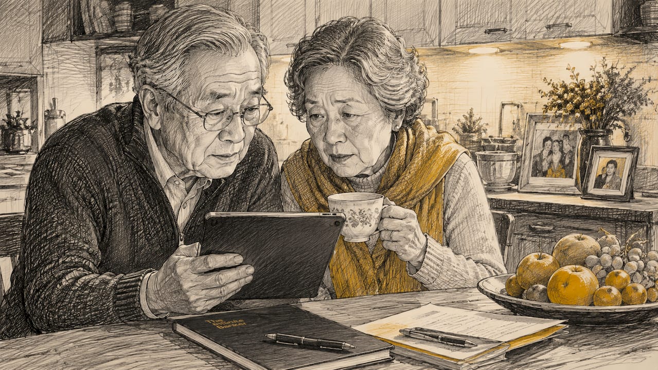 Elderly couple reviewing finances at kitchen table