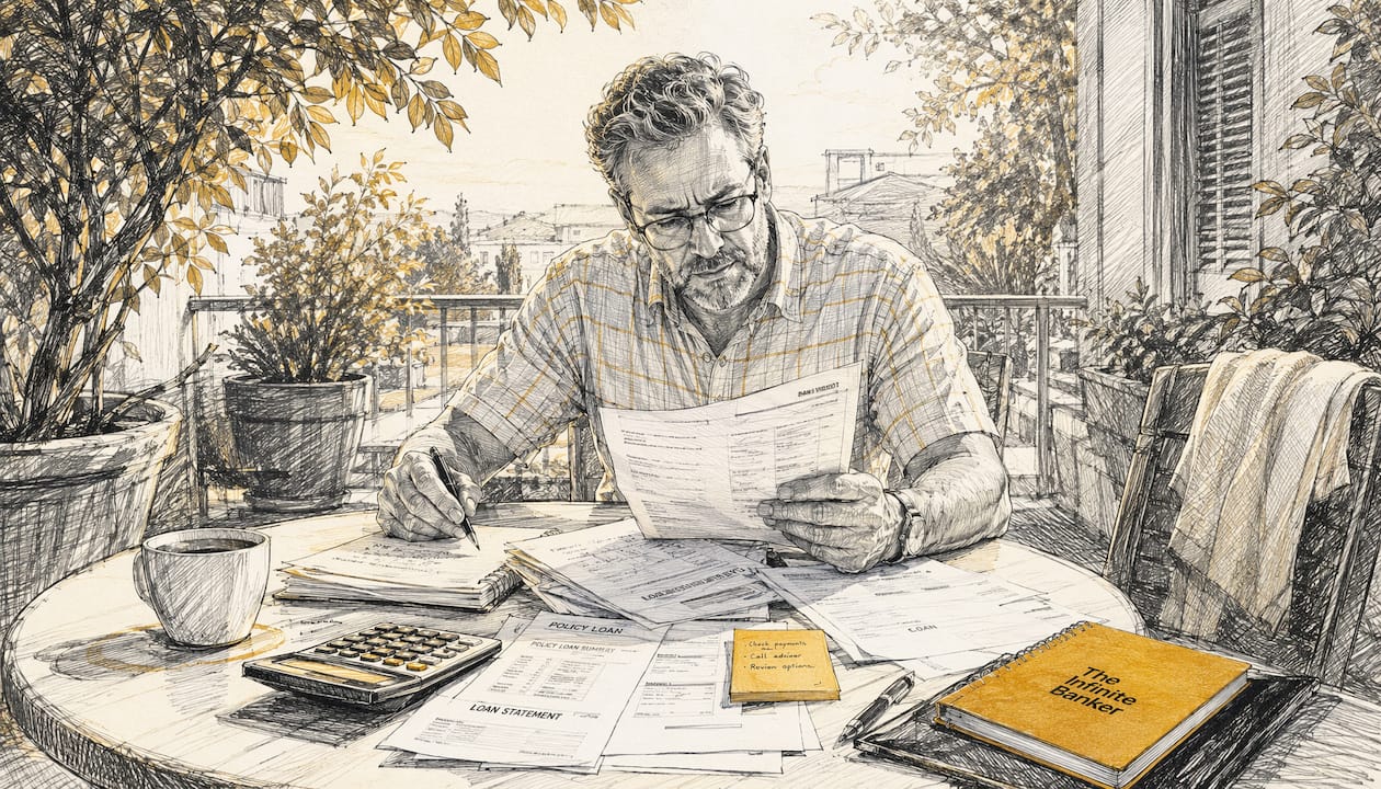 Man reviewing policy loan documents at home