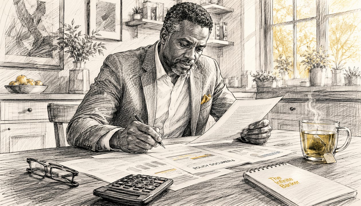 Man reviewing whole life insurance documents in home office