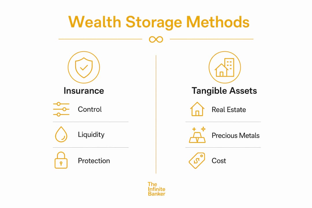 Infographic comparing insurance and tangible asset wealth storage methods