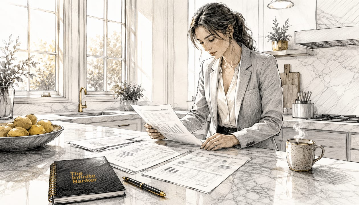 Entrepreneur reviewing personal banking documents in office