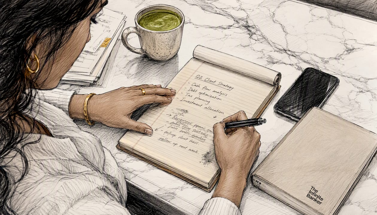 Hands writing notes on financing strategy