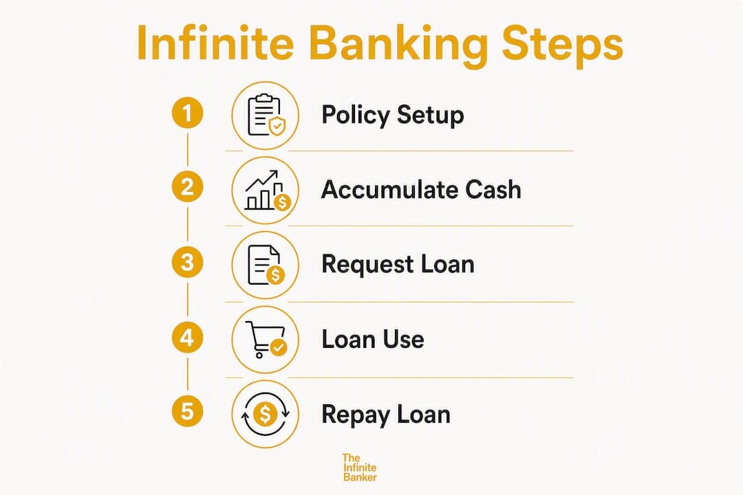 Infographic showing steps in infinite banking process