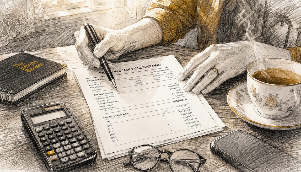 Hands calculating whole life policy cash value