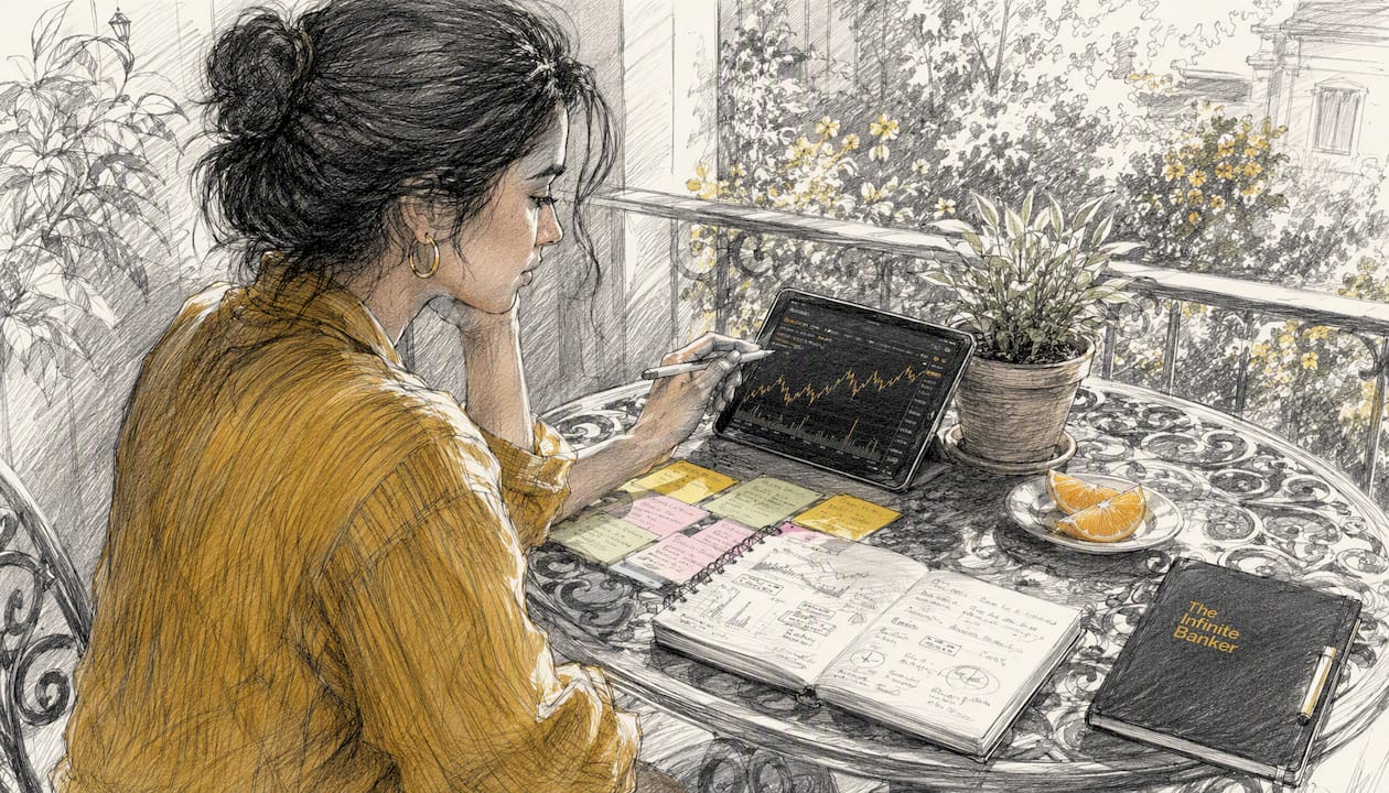 Young woman reviewing investments on tablet in co-working space