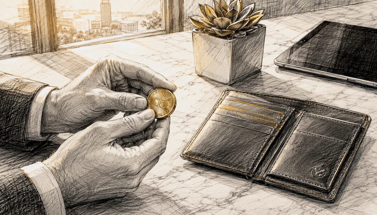 Hands holding gold coin near leather wallet