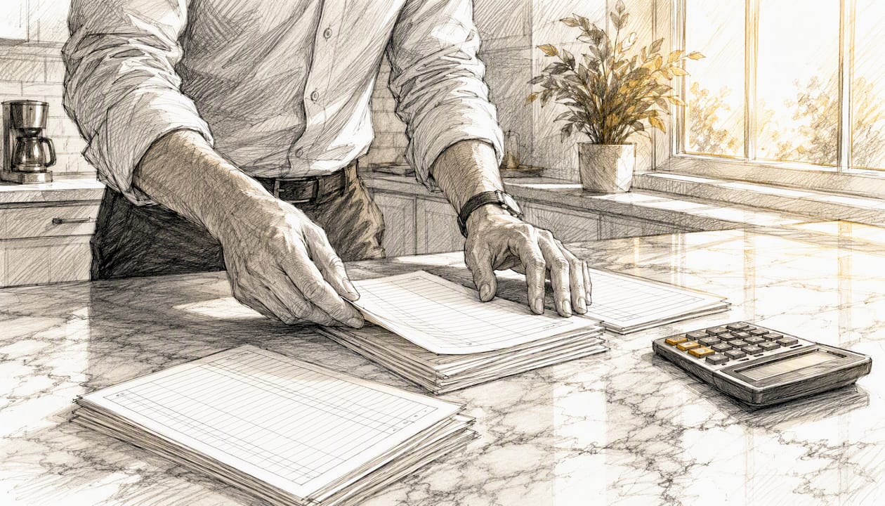 Entrepreneur arranging financial papers on desk