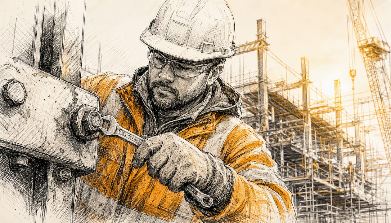 Worker hands tightening bolt on machinery