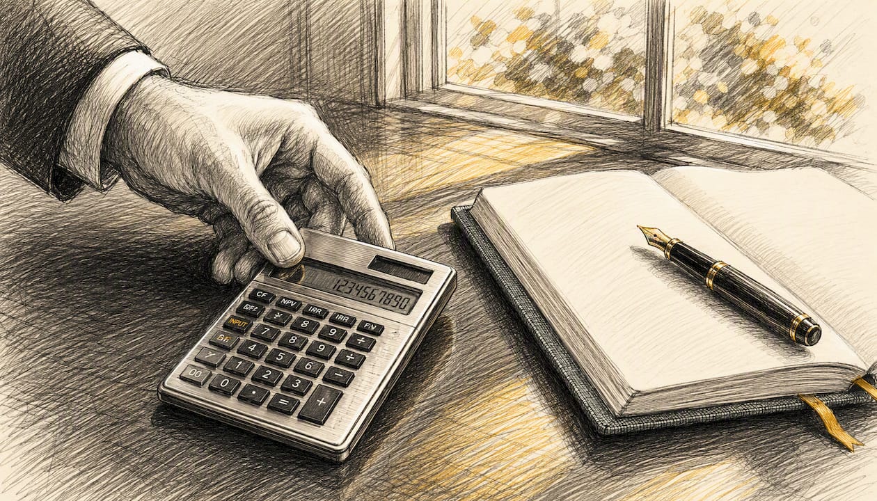 Hands using financial calculator on wood desk