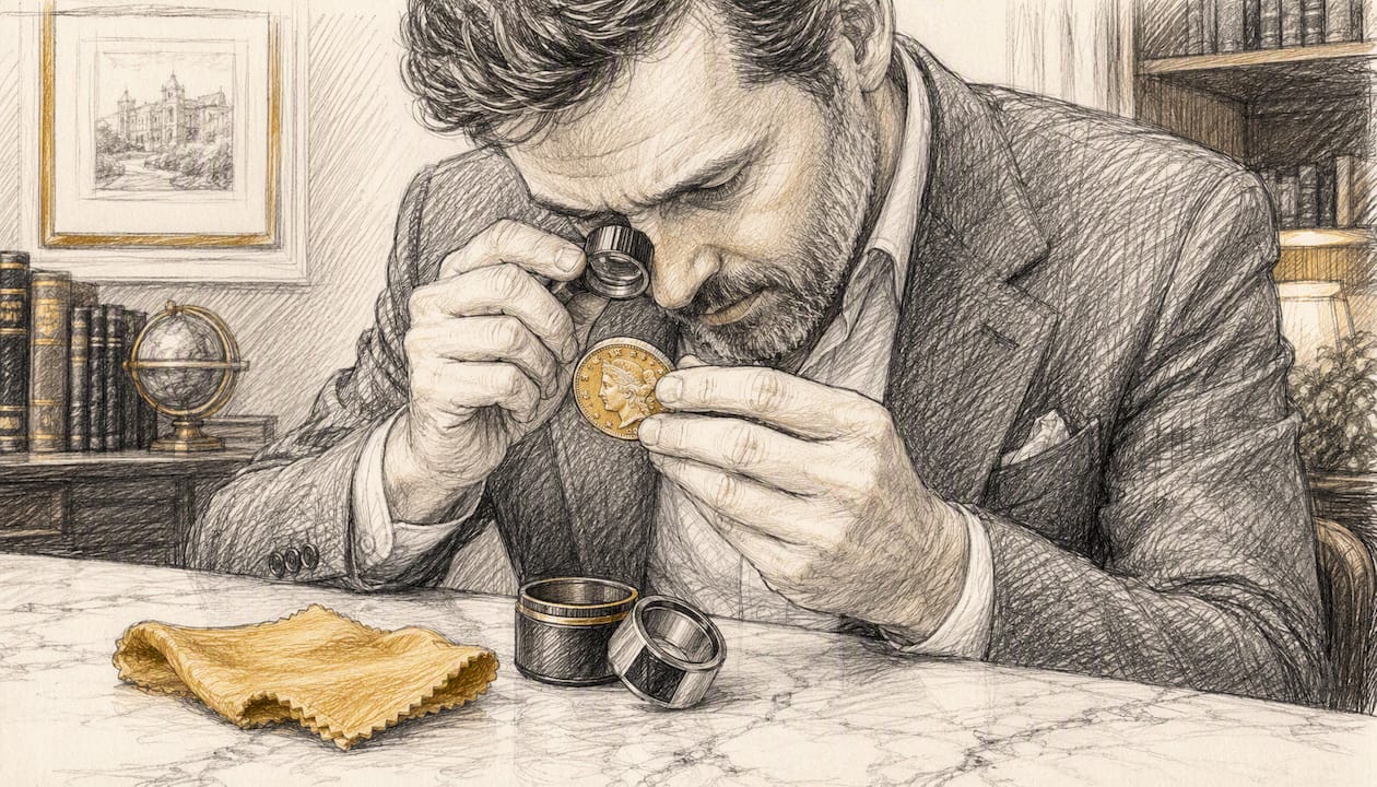 Hands inspecting rare collectible with loupe