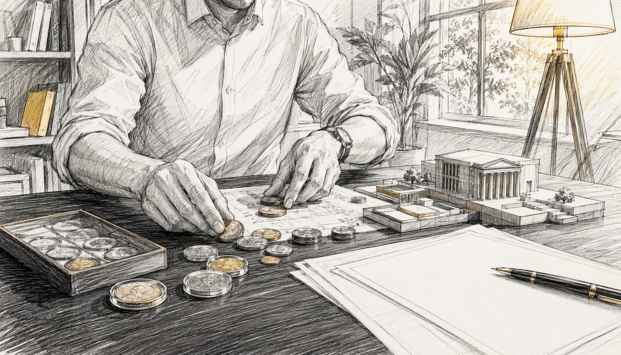 Hands arranging alternative investment assets on desk