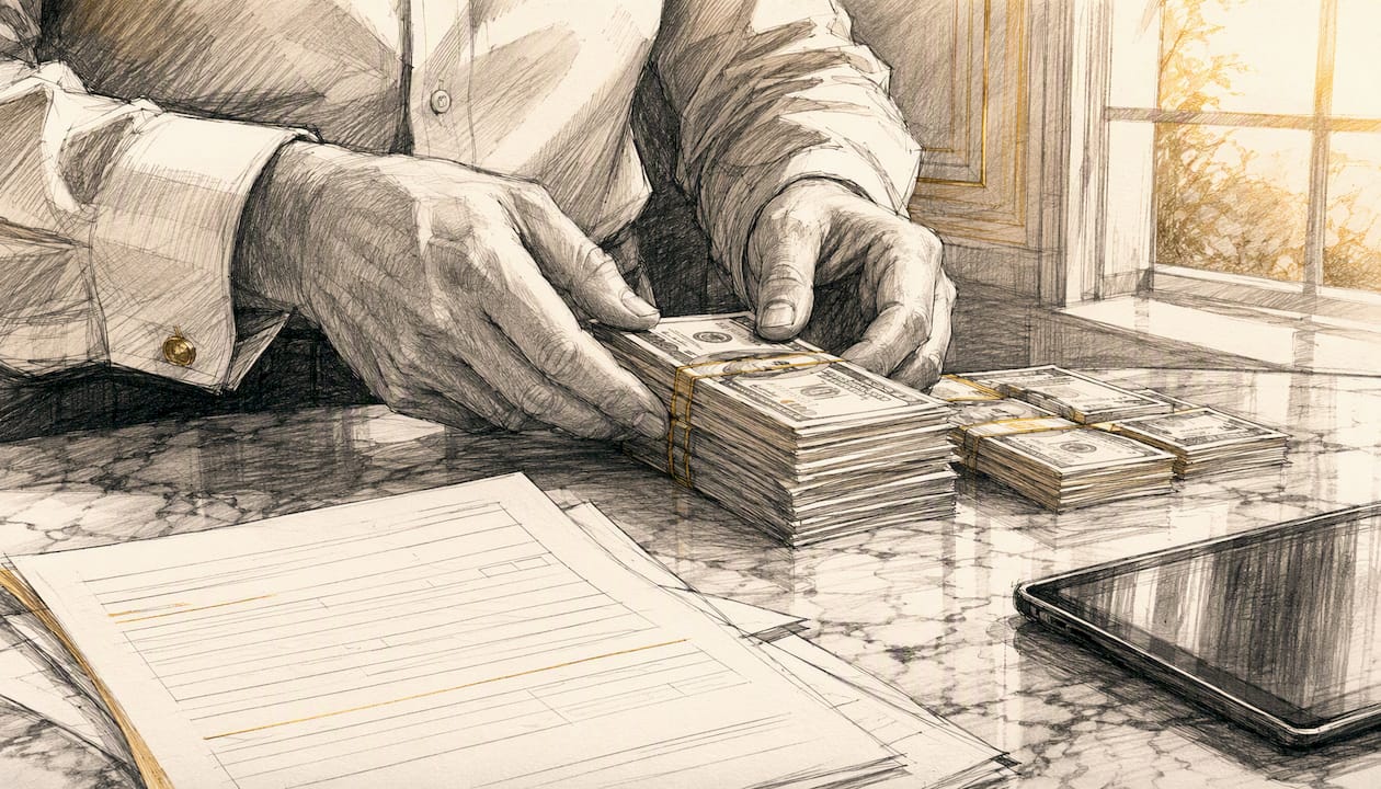 Hands counting cash on desk with documents