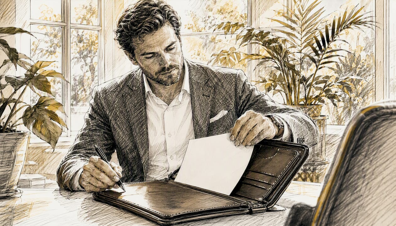 Hands inserting insurance policy into portfolio