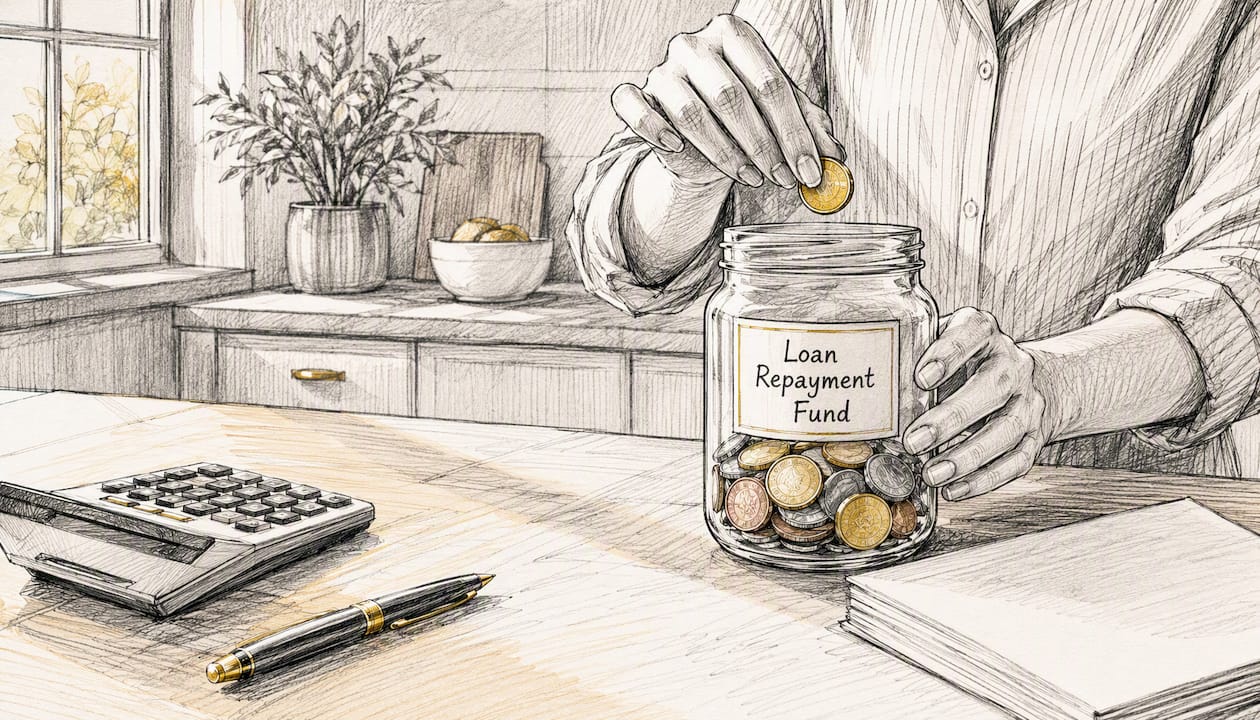 Hands putting coins in loan repayment jar