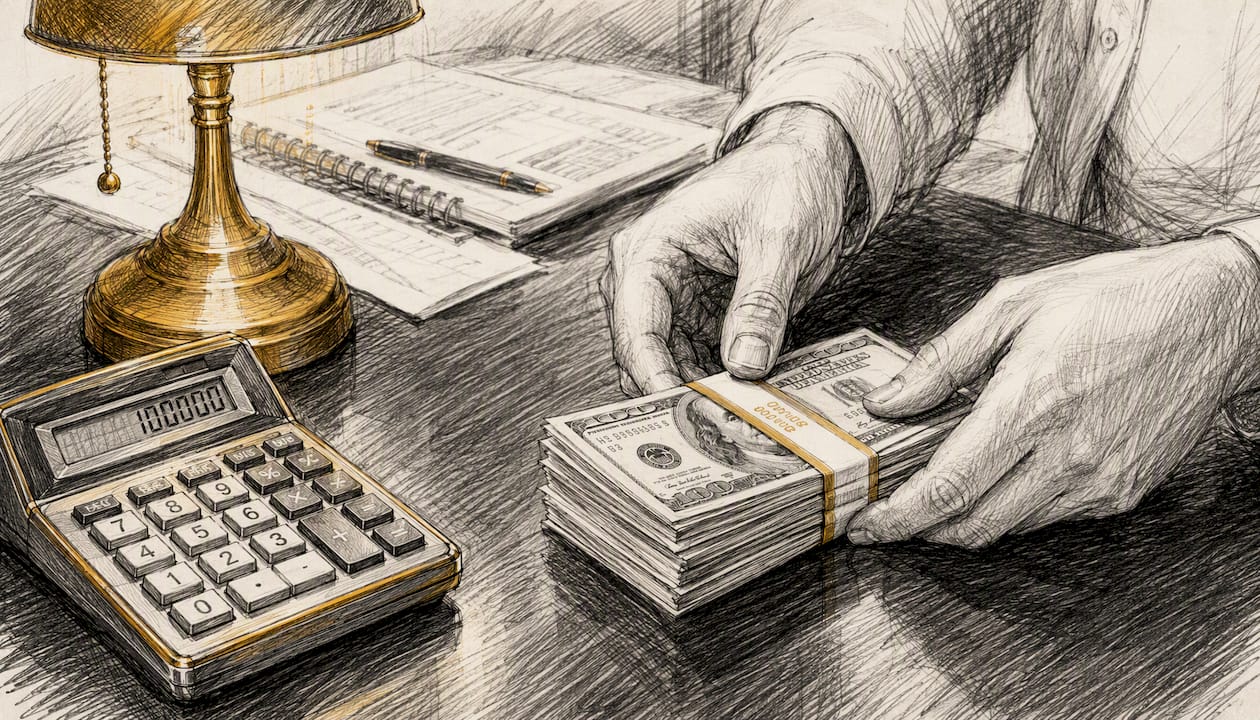 Hands stacking cash bills on desk