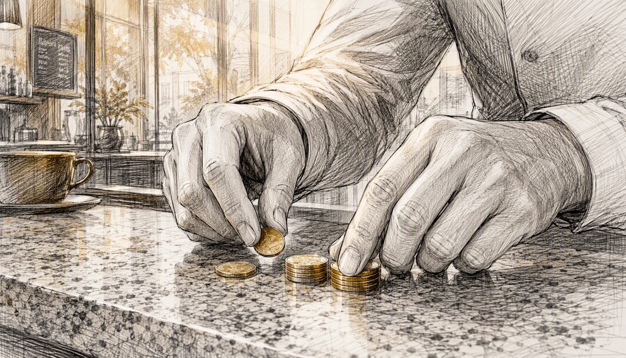 Hands placing gold coins into a wallet