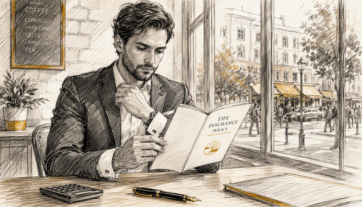 Entrepreneur holding life insurance policy booklet