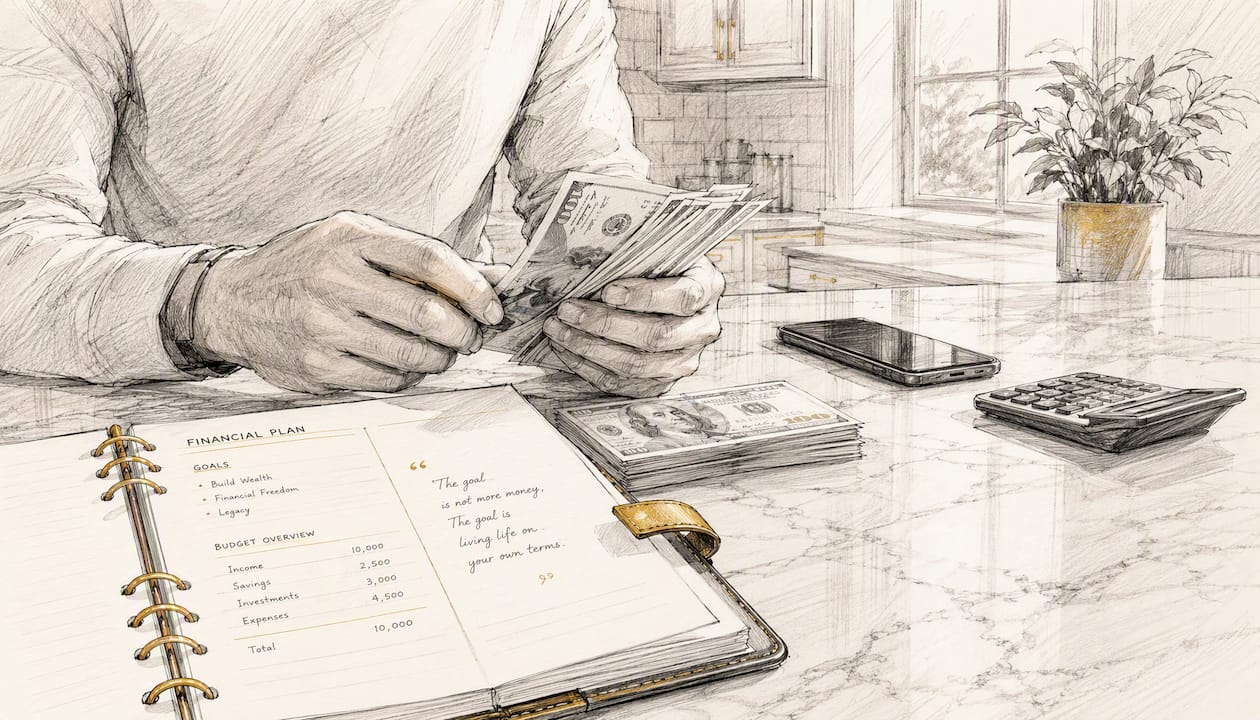 Hands with cash and calculator on wooden table