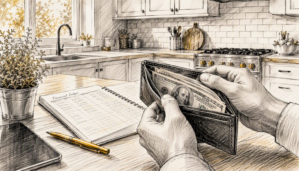 Hands holding wallet with cash in home office