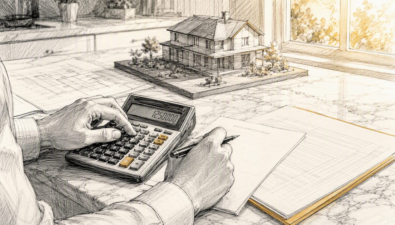Hands pressing calculator near house model