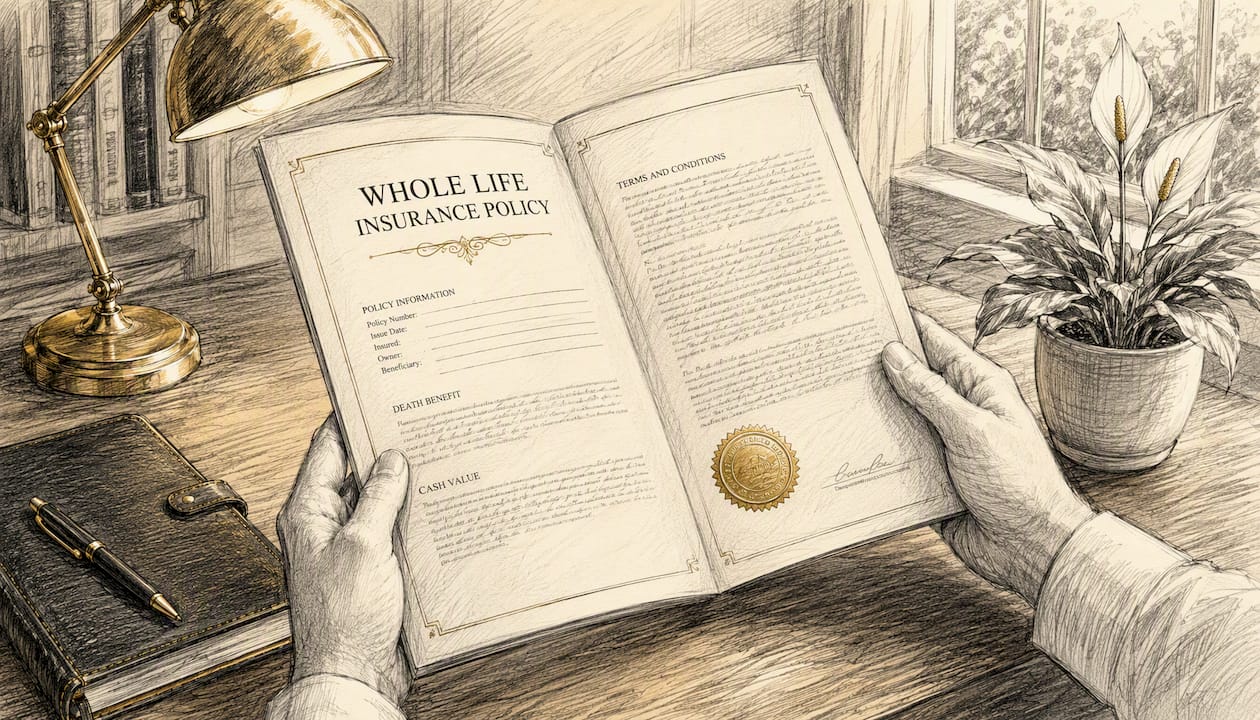 Hands holding whole life insurance policy document