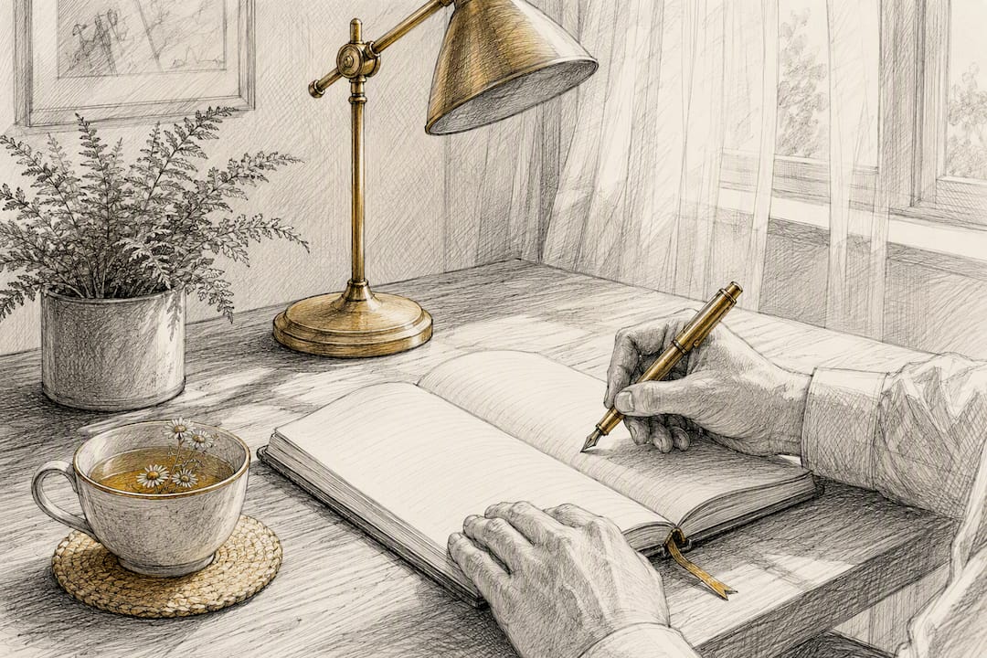 Hands writing financial ledger with pen