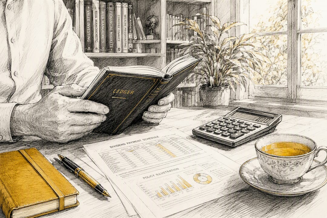 Hands calculating insurance dividends with ledger