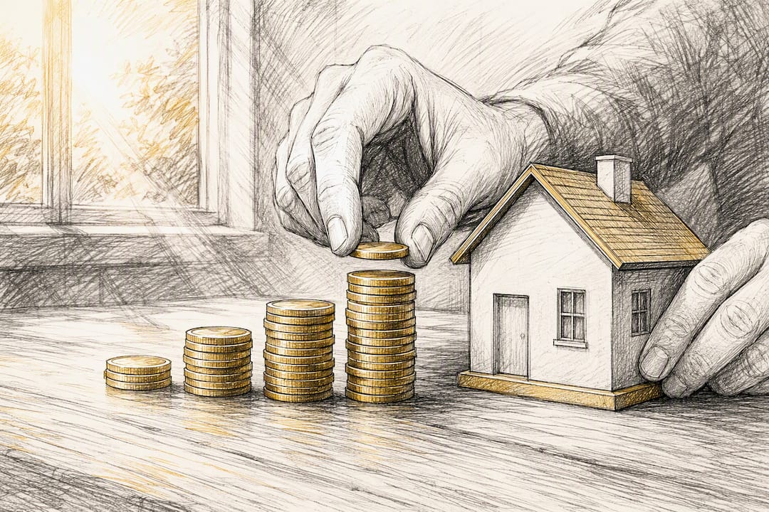 Hands stacking coins beside house model