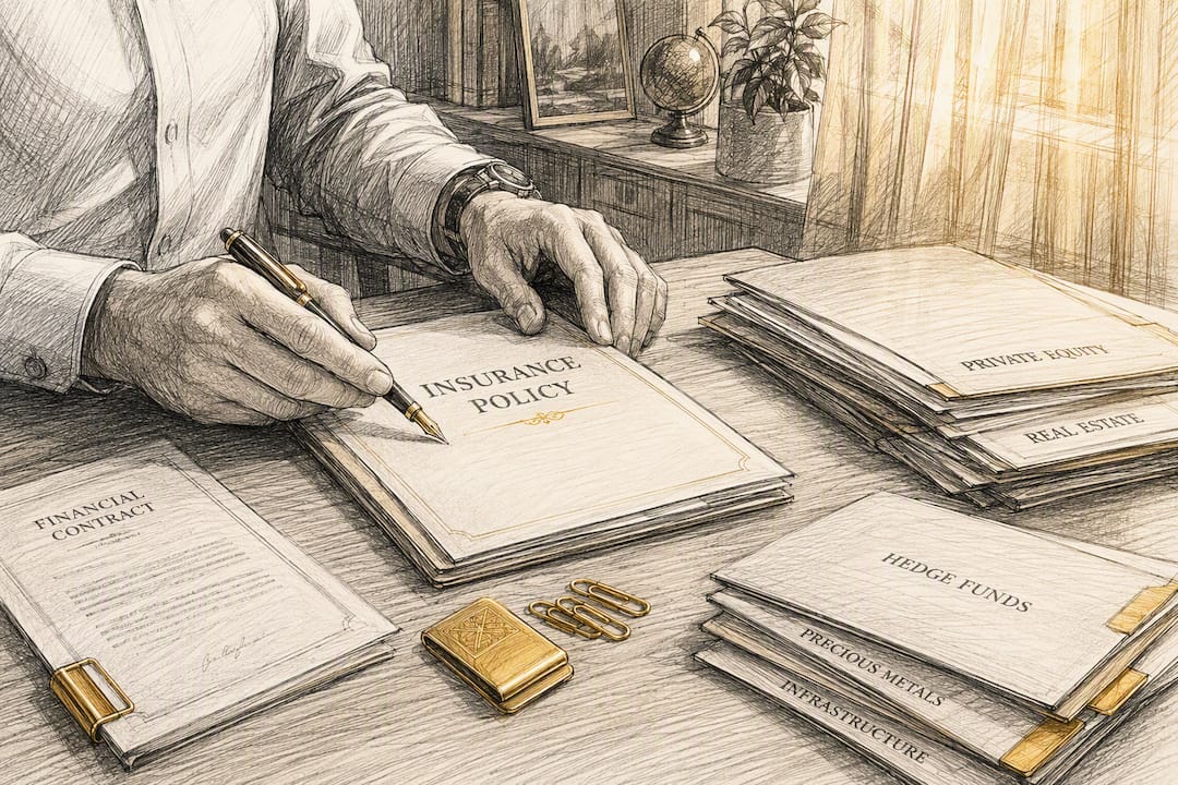 Hands managing cash and policy folders on desk