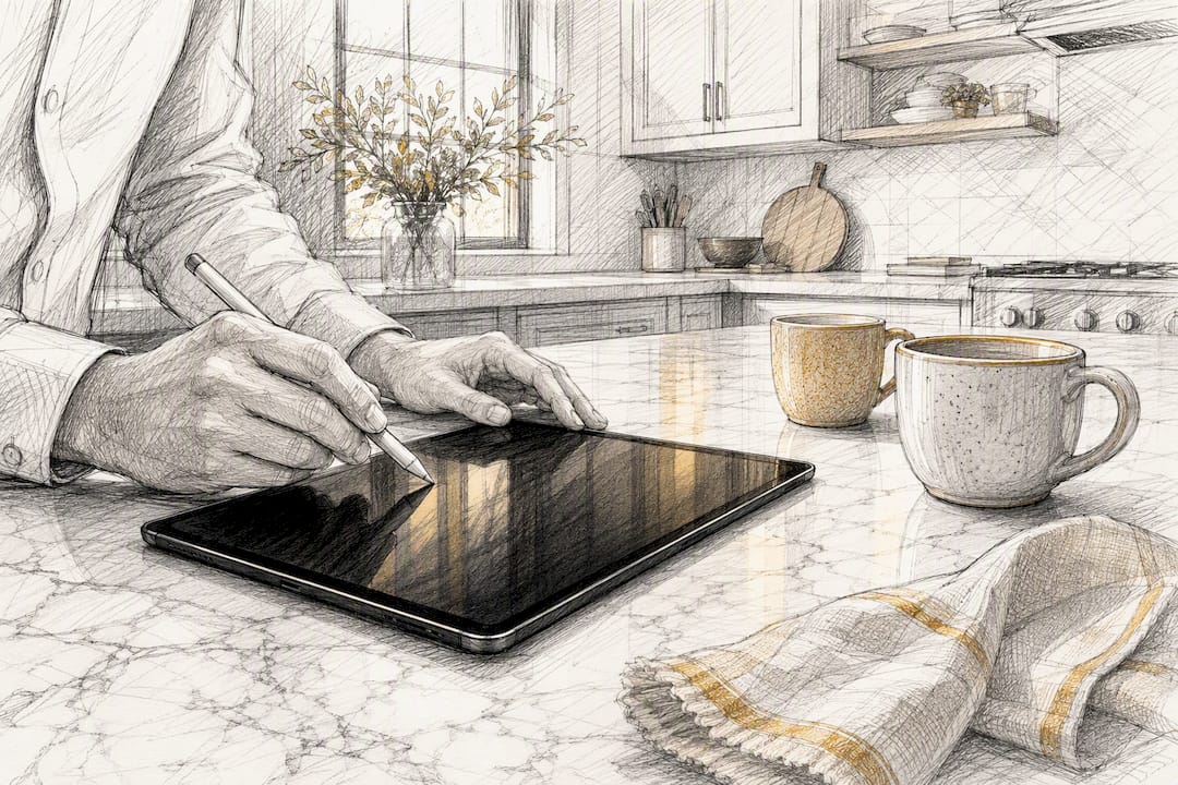 Hands with stylus over tablet on desk