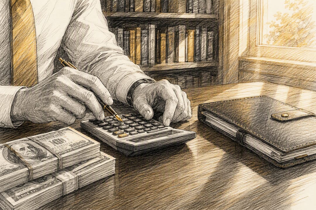 Hands using calculator with cash and planner