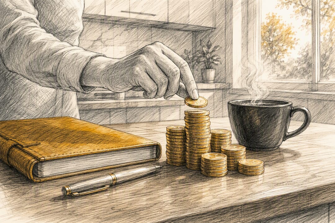 Hands adding coin to stack by coffee cup