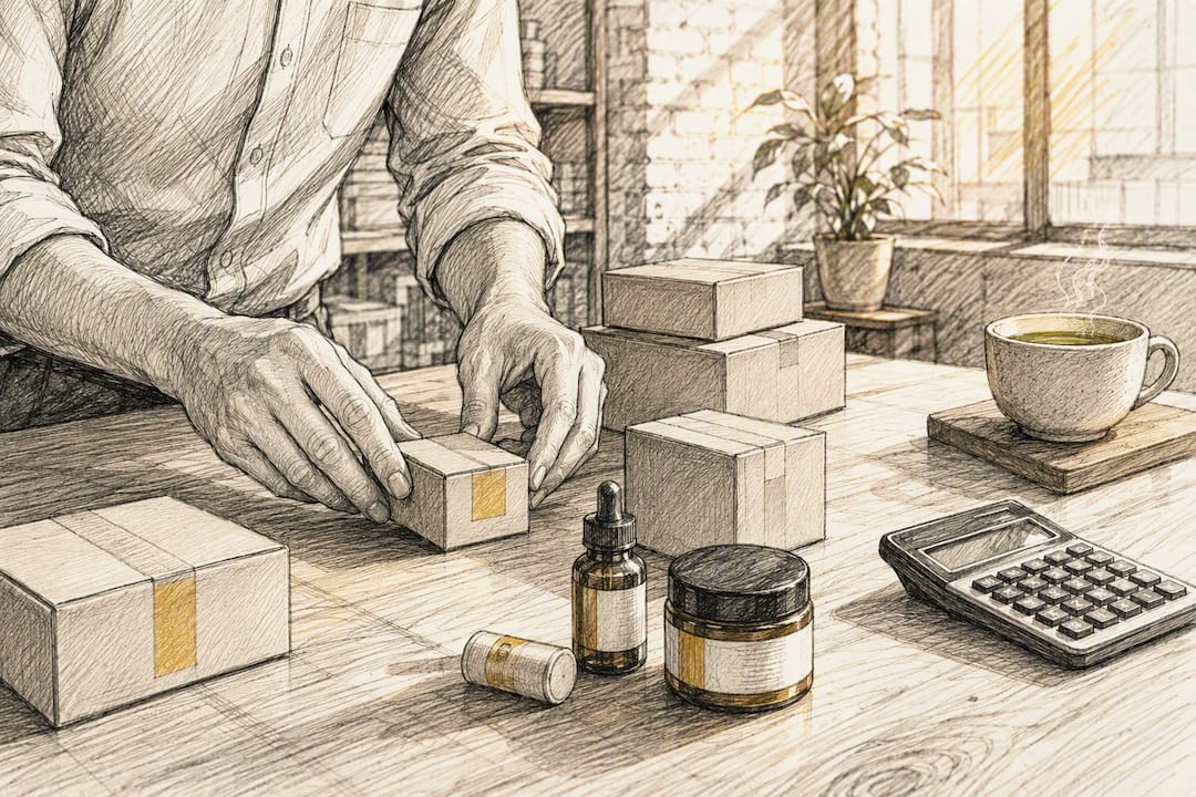 Hands arranging inventory on desk