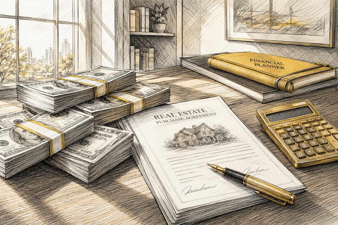 Cash stacks with real estate contract