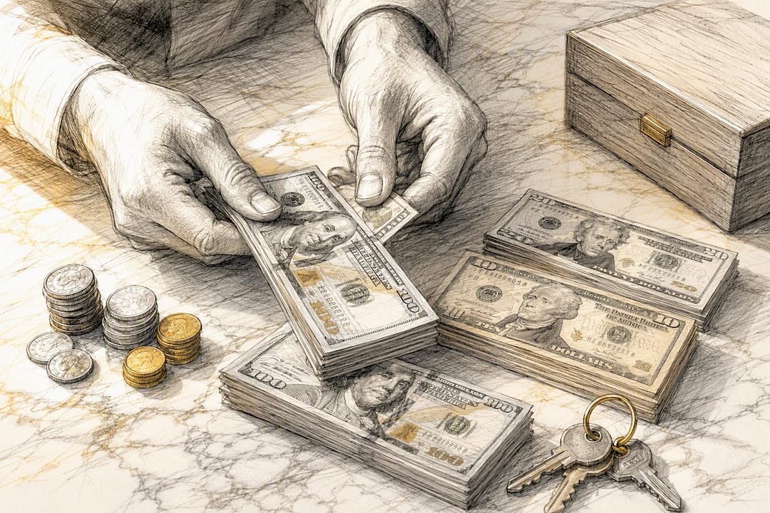 Hands sorting cash for real estate closing