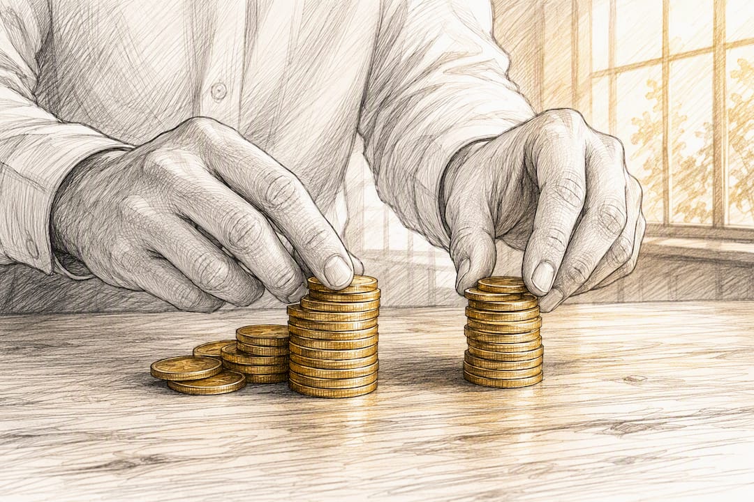 Hands dividing gold coin stacks on table