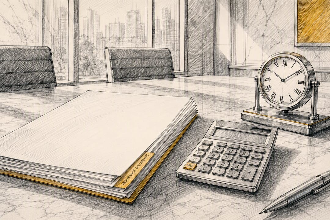 Desk with insurance documents and calculator