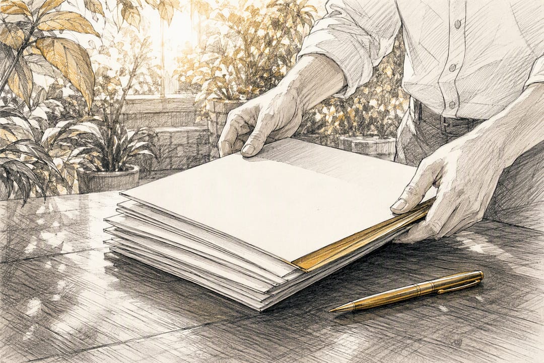 Hands transferring insurance contract folders