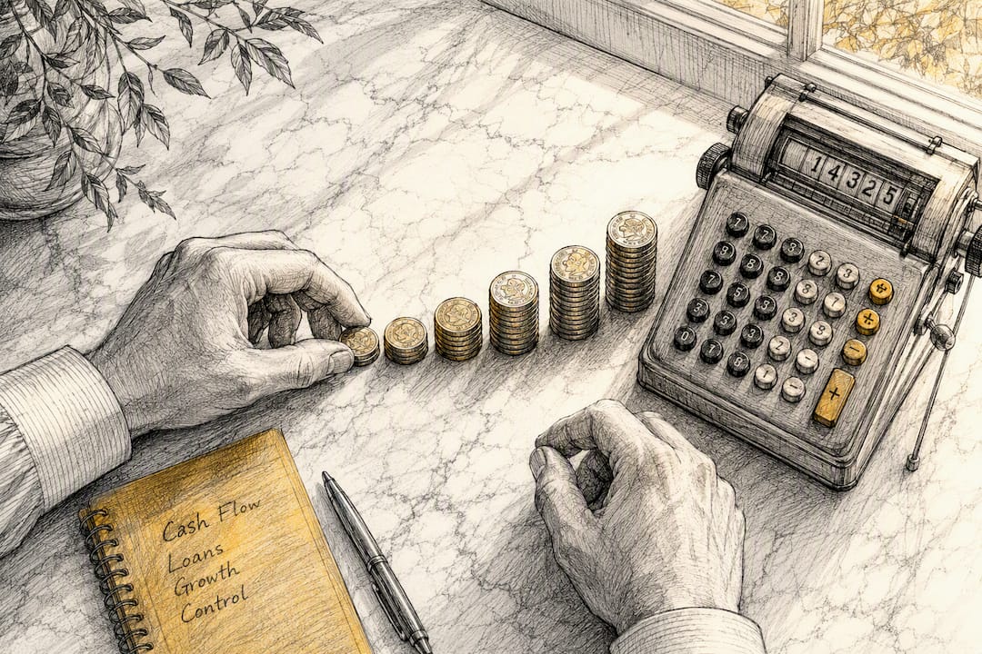 Hands stacking coins near calculator representing growing loan risk