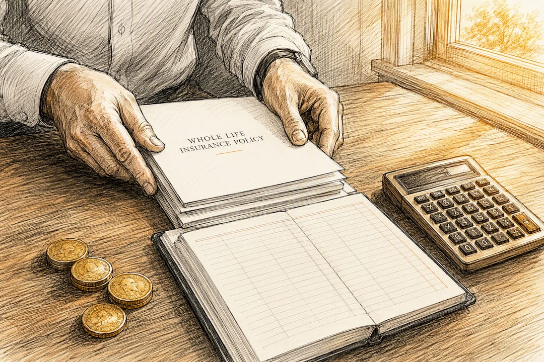 Hands arranging life insurance policy documents and coins