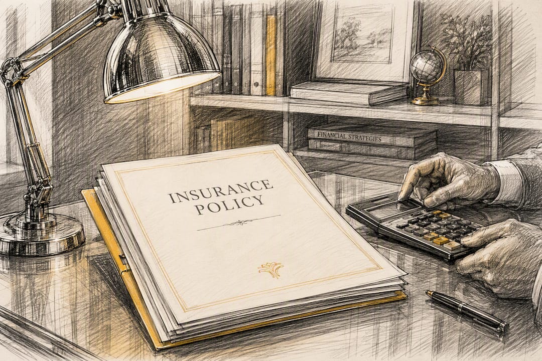 Hands adjusting calculator near blank insurance papers
