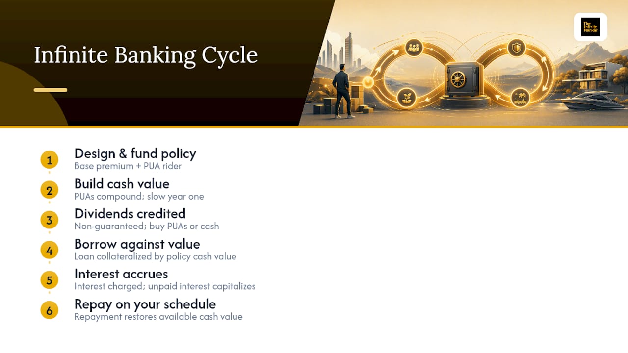 Six-stage infinite banking policy loan cycle