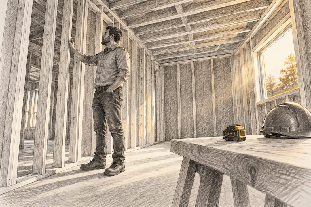 Entrepreneur inspecting property renovation framing