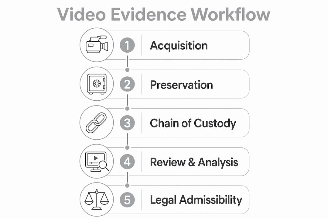 Infographic illustrating video evidence workflow steps